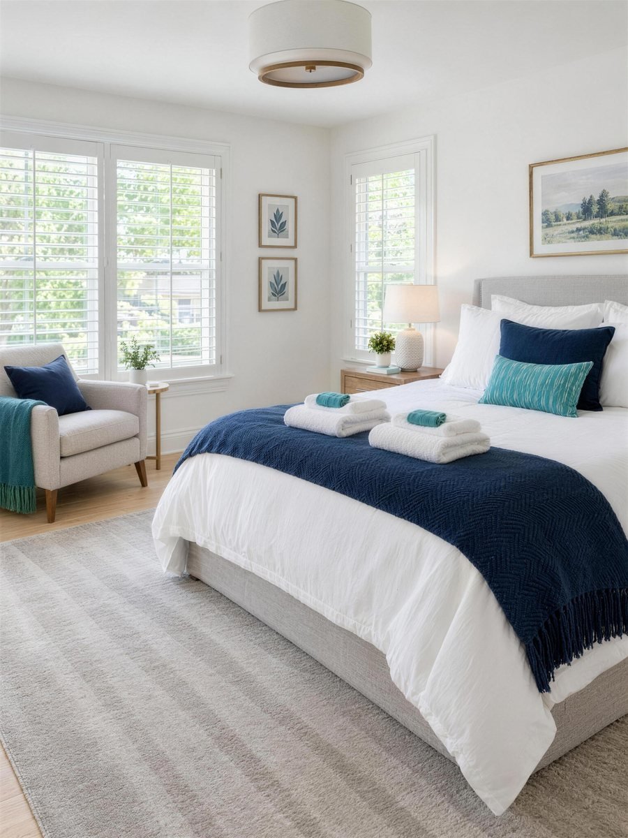 A freshly vacuumed bedroom with a made bed and white shutters