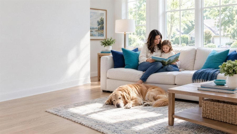 A spotless sunlit living room with a family reading and a dog asleep