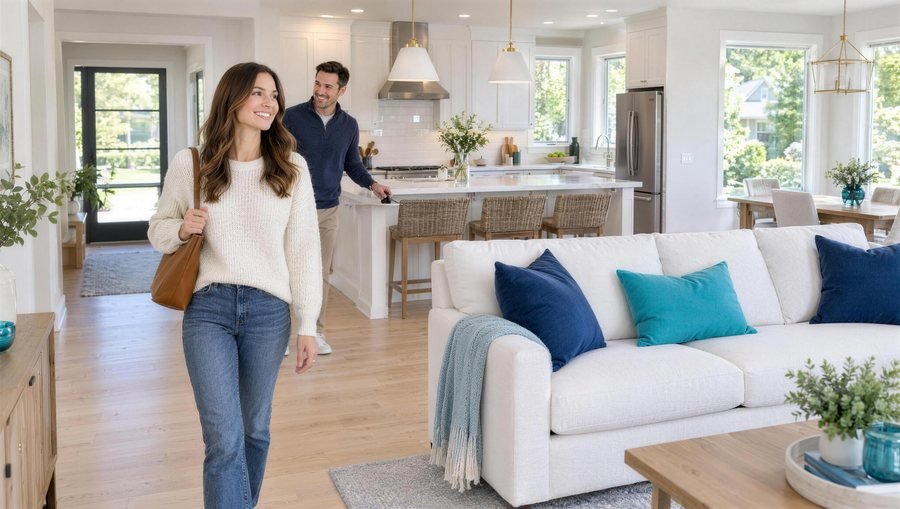 Homeowners walking into a clean, sunlit living room