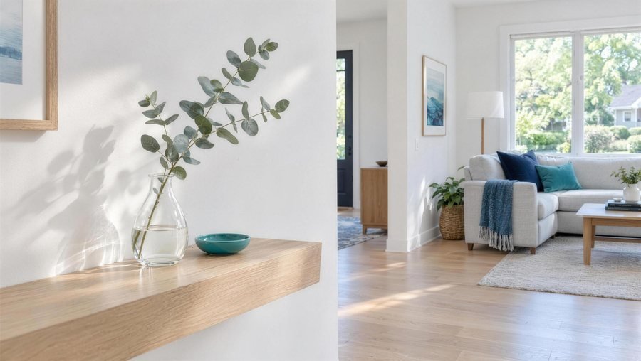 A single eucalyptus sprig in a glass vase on a clean oak counter