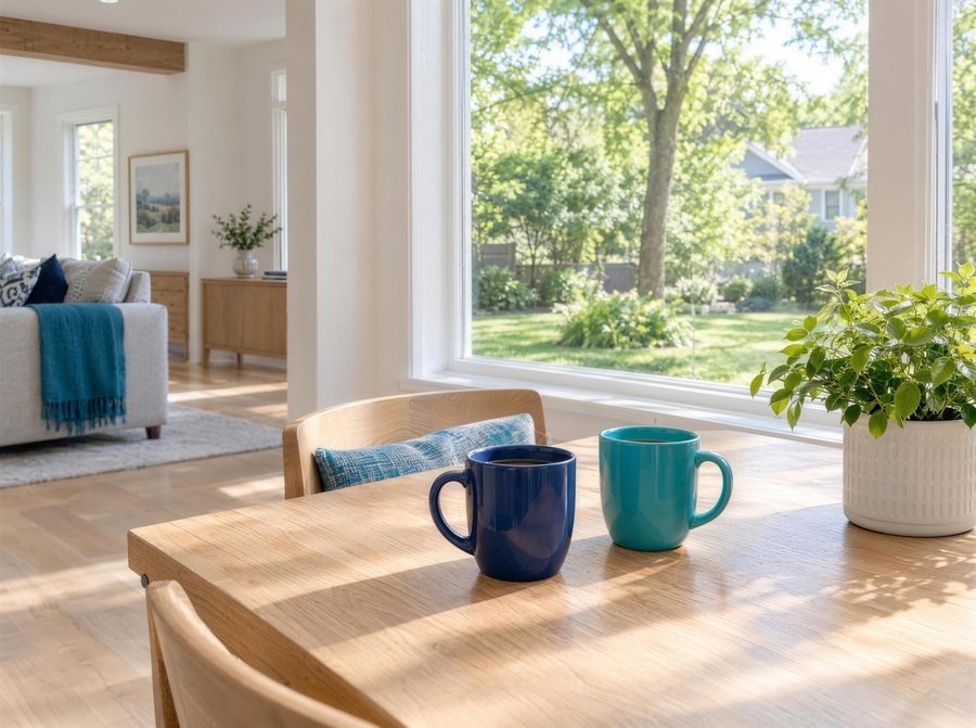 Two coffee mugs on a sunlit oak table by a window