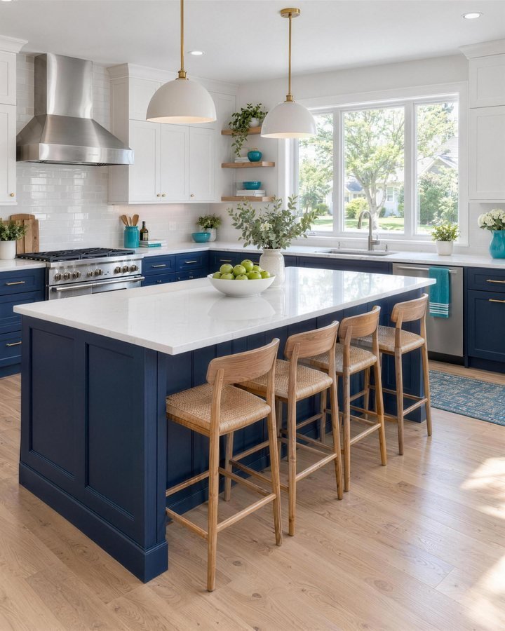 A spotless sunlit kitchen with a gleaming range and a navy island