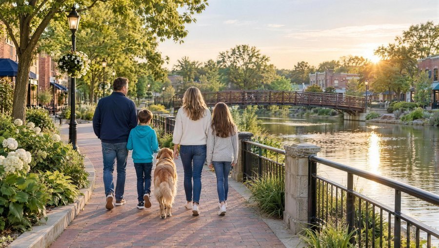 A family walking their dog on a riverside path on a Friday evening